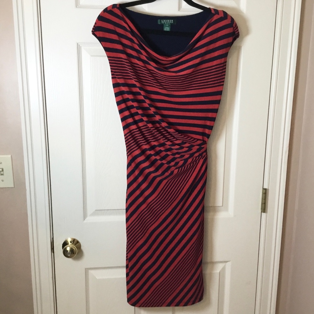 Lauren Ralph Lauren Red & Blue Striped Cap Sleeve Drape Neck Side Tie Dress - 14
